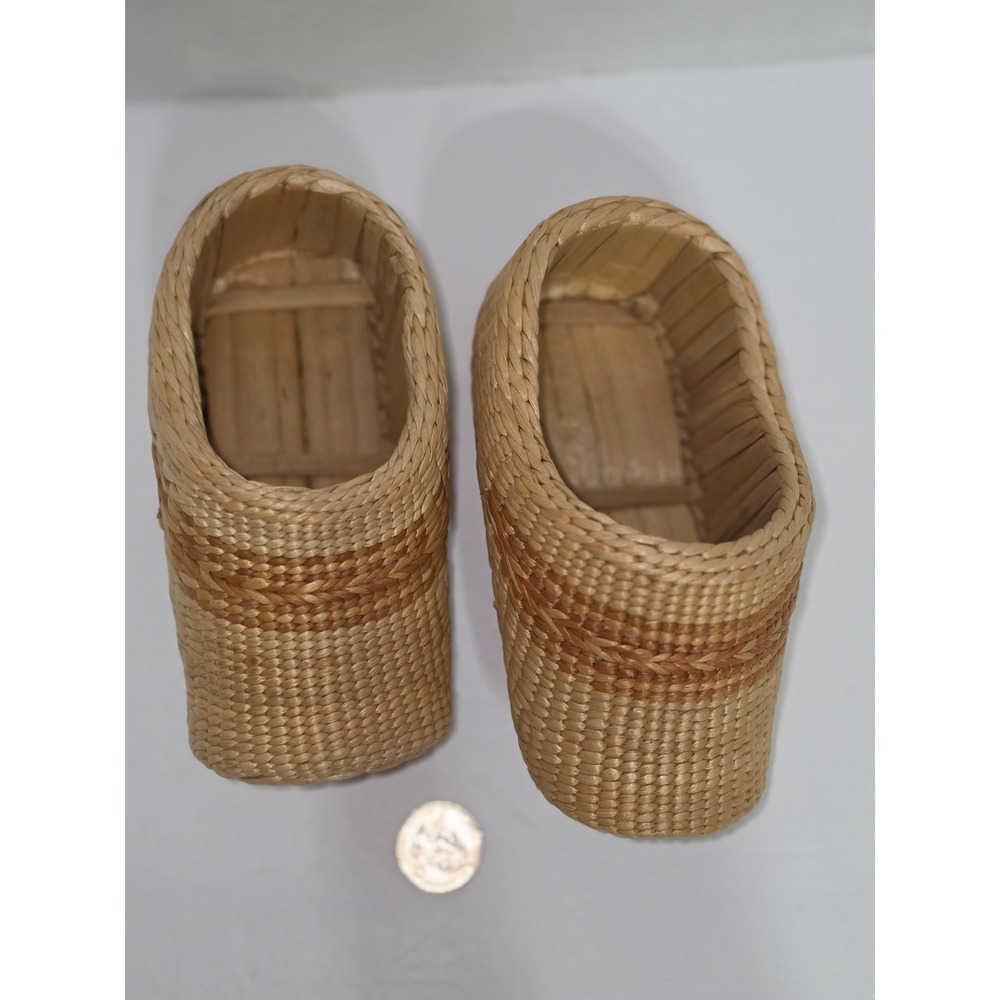 Pair of vintage woven seagrass or‎ straw decorative shoes or baskets. 1970s
